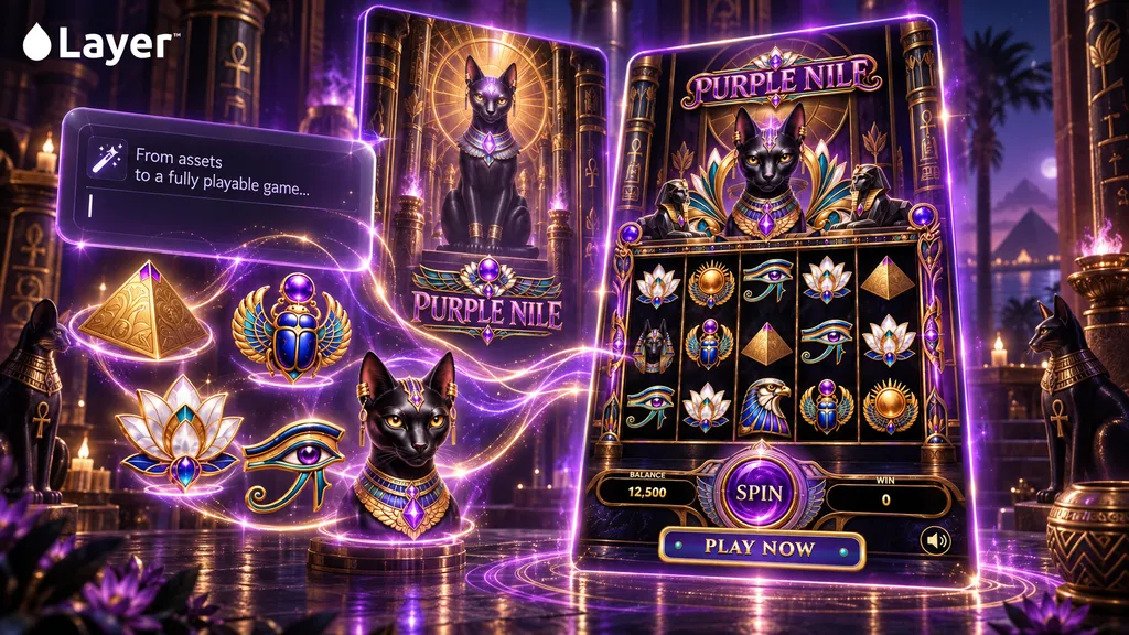 Purple Nile slot game assets flowing from a Layer prompt into a fully playable game