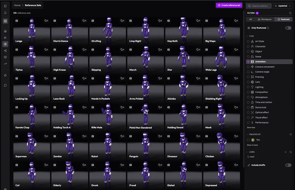 Animation library of motion thumbnails beside a 3D viewer showing a character run cycle